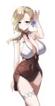  1girl absurdres adjusting_hair arm_up azur_lane blonde_hair blue_eyes breasts brown_choker choker cleavage closed_mouth collar commentary covered_navel eyebrows_visible_through_hair flower hair_flower hair_ornament hand_up highres hood_(azur_lane) hood_(lady_of_the_shining_sun)_(azur_lane) impossible_clothes large_breasts looking_at_viewer manu_(pixiv41646715) navel official_alternate_costume see-through simple_background smile solo standing swimsuit thigh_strap thighs white_background 