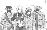  1girl 3boys ak-15_(girls&#039;_frontline) android arm_on_shoulder assault_rifle balaclava bandage_over_one_eye blood breasts bullet_hole damaged deep_wound english_commentary expressionless girls&#039;_frontline gun hair_over_one_eye helmet injury kalashnikov_rifle large_breasts leaning_on_person long_hair mask mechanical_parts monochrome multiple_boys rifle selby sidelocks soldier very_long_hair weapon 