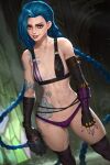  1girl adapted_costume arcane:_league_of_legends arm_tattoo asymmetrical_bangs bangs blue_hair braid breasts cleavage cloud_tattoo explosive fingerless_gloves freckles gloves grenade jinx_(league_of_legends) league_of_legends looking_at_viewer neoartcore panties pink_eyes purple_panties small_breasts solo standing stomach stomach_tattoo striped striped_panties tattoo thigh_gap thighhighs toned twin_braids underwear 
