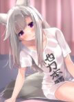  1girl animal_ear_fluff animal_ears animare bangs blush eyebrows_visible_through_hair hair_ornament hairpin highres leaning_to_the_side long_hair looking_at_viewer purple_eyes sch shiromiya_mimi shirt short_sleeves silver_hair sitting solo sweat tail virtual_youtuber wet wet_clothes wet_shirt white_shirt 