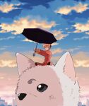  1girl 1other 76piccolo absurdres dog gintama highres holding holding_umbrella kagura_(gintama) orange_hair orange_shirt sadaharu shirt sitting sky smile umbrella white_dog 