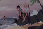  3boys akihare beach black_hair blonde_hair brothers calling holding holding_pipe male_focus monkey_d._luffy multiple_boys ocean one_piece pipe portgas_d._ace sabo_(one_piece) short_hair short_sleeves shorts siblings sitting waves 