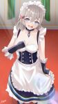  1girl azur_lane belfast_(azur_lane) belfast_(azur_lane)_(cosplay) blue_eyes breasts broken broken_chain chain cleavage collar commentary_request commission cosplay denver_(azur_lane) embarrassed grey_hair highres looking_at_viewer maid maid_headdress megumi_kei signature skeb_commission wavy_mouth 