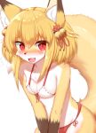  1girl animal_ear_fluff animal_ears bangs bare_shoulders bell bikini blonde_hair blush body_fur breasts brown_fur cleavage collarbone commentary commission eyebrows_visible_through_hair fang flower flying_sweatdrops fox_ears fox_girl fox_tail front-tie_bikini front-tie_top furry furry_female hair_bell hair_flower hair_ornament happy highres horokusa_(korai) jingle_bell looking_at_viewer medium_hair nervous nervous_smile nose_blush open_mouth original red_bikini red_eyes red_flower ribbon-trimmed_swimsuit ribbon_trim shiny shiny_hair side-tie_bikini sidelocks skeb_commission small_breasts smile solo swimsuit tail tail_raised tongue v_arms white_fur yellow_fur 