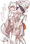  2girls animal_ears arctic_wolf_(kemono_friends) beige_shorts black_hair blush bucket_hat captain_(kemono_friends) commentary_request elbow_gloves embarrassed eyebrows_visible_through_hair fur_collar gloves grey_hair grey_jacket grey_skirt hair_tie hands_in_pockets hat hat_feather highres jacket kemono_friends kemono_friends_3 khakis long_hair midriff_peek multicolored_hair multiple_girls navel pantyhose plaid plaid_skirt plaid_trim pleated_skirt scarf shirt short_hair short_sleeves skirt snowman socks t-shirt tail tanaka_kusao translation_request white_gloves white_hair white_legwear white_scarf white_shirt wolf_ears wolf_girl wolf_tail yellow_eyes 