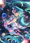  1girl :d aqua_eyes aqua_hair bare_shoulders bubble_blowing commentary floating_hair from_above galaxy_live_(vocaloid) gloves hatsune_miku highres kyashii_(a3yu9mi) long_hair looking_at_viewer midair planet sleeveless smile solo space star_(sky) star_(symbol) twintails vocaloid 