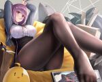  1girl 1other absurdres azur_lane black_legwear breasts broken_glass clothes_lift crossed_legs eating feet food glass gridman_universe gusset highres large_breasts manjuu_(azur_lane) numaguro_(tomokun0808) panties panties_under_pantyhose pantyhose picture_frame pocky purple_hair red_eyes shinjou_akane shinjou_akane_(a_vacation_just_for_two) skirt skirt_lift ssss.gridman thick_thighs thighs trash_bag underwear white_panties 