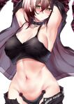  absurdres armpits arms_up black_camisole black_pants breasts brown_hair camisole cleavage clothes_pull collarbone crop_top gradient_hair hair_between_eyes highres hololive kokihanada large_breasts looking_at_viewer midriff multicolored_hair navel pants pants_pull roboco-san short_hair simple_background virtual_youtuber white_background yellow_eyes 