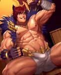  1boy abs absurdres alternate_facial_hair animal_ears arkapami bandaged_arm bandages bara bare_pectorals boxer_briefs cropped_jacket facial_hair feather_boa fingerless_gloves gloves highres jacket jewelry large_pectorals league_of_legends looking_at_viewer male_focus male_underwear muscular muscular_male navel necklace nipples open_clothes open_jacket pectorals red_eyes scar scar_on_face scar_on_nose sett_(league_of_legends) short_hair sitting smile solo stubble teeth thick_thighs thighs underwear white_male_underwear 