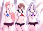  3girls bikini bikini_skirt bikini_top blue_eyes brown_hair coconut_tree curly_hair duvalie eiyuu_densetsu ennea_(sen_no_kiseki) green_eyes hajimari_no_kiseki ines_(eiyuu_densetsu) long_hair looking_at_viewer multiple_girls palm_tree pink_hair ponytail sailor_bikini sailor_collar short_hair sidelocks signature skirt smile standing swimsuit tree underwear xiacheng_tatsuya 