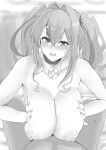  1boy 1girl absurdres azur_lane bangs blush breasts bremerton_(azur_lane) censored choker collarbone crossed_bangs eyebrows_visible_through_hair hair_intakes hetero highres large_breasts long_hair mole mole_on_breast monochrome mosaic_censoring nipples open_mouth paizuri penis satou_aji smile solo_focus twintails 