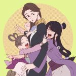  3girls :o ^_^ ^o^ ace_attorney black_hair bracelet brown_hair closed_eyes coat emergency_exi10 hair_bun hug hug_from_behind jewelry long_hair low-tied_long_hair maya_fey mia_fey multiple_girls open_mouth pearl_fey scarf siblings sisters wide_sleeves 