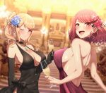  2girls alternate_costume backless_outfit bangs bare_back blonde_hair breasts chest_jewel curvy dress gala_dress highres large_breasts long_hair mebi_il multiple_girls mythra_(xenoblade) pyra_(xenoblade) red_eyes red_hair short_hair swept_bangs very_long_hair xenoblade_chronicles_(series) xenoblade_chronicles_2 yellow_eyes 