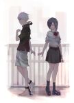  1boy 1girl bangs barefoot black_bow black_bowtie black_footwear black_legwear black_shirt black_skirt bow bowtie breasts closed_mouth collared_shirt commentary_request full_body grey_background grey_hair grey_shirt grey_shorts hair_over_one_eye highres holding holding_phone kaneki_ken kirishima_touka kyuuba_melo medium_breasts phone pleated_skirt shirt shirt_tucked_in shoes short_hair short_sleeves shorts skirt socks tokyo_ghoul torn_clothes torn_shirt 