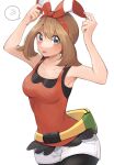  1girl bangs bare_arms bike_shorts bike_shorts_under_shorts blush bow_hairband breasts brown_hair collarbone commentary eyebrows_visible_through_hair fanny_pack hairband highres looking_at_viewer may_(pokemon) open_mouth pokemon pokemon_(game) pokemon_oras raised_eyebrows red_hairband red_shirt ririmon shirt shorts simple_background sleeveless sleeveless_shirt solo spoken_sweatdrop sweatdrop tongue white_background white_shorts yellow_bag 