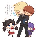  1boy 3girls ahoge artoria_pendragon_(fate) black_hair black_necktie black_suit blonde_hair blue_eyes closed_eyes dress emiya_shirou fate/zero fate_(series) highres long_sleeves low_ponytail matou_sakura multiple_girls necktie orange_hair pleated_skirt purple_dress purple_eyes purple_hair red_skirt saber shirt siblings sisters skirt thought_bubble tohsaka_rin tsubuta_hiro twintails white_shirt yellow_eyes younger 