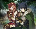  1boy 1girl :d animal_ears armor bangs belt black_belt black_hair black_sleeves boots breastplate brown_footwear brown_gloves brown_hair cape commentary cup eyebrows_visible_through_hair fingerless_gloves fur_trim gem gloves grass green_cape green_eyes green_pants high_collar highres holding holding_cup holding_jewelry iwatani_naofumi jewelry long_hair looking_at_object nyoro_(nyoronyoro000) open_mouth outdoors pants purple_eyes raccoon_ears raccoon_girl raphtalia red_ribbon ribbon shield short_hair sidelocks sitting smile sweater tate_no_yuusha_no_nariagari thigh_boots thighhighs tree very_long_hair white_sweater 