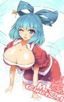  1girl ;d bangs bent_over blue_eyes blue_hair blush breasts christmas cleavage collarbone commentary_request cropped_legs english_text eyebrows_visible_through_hair eyelashes fingernails fur_trim hagoromo hair_ornament hair_rings hair_stick highres kaku_seiga large_breasts merry_christmas one_eye_closed open_mouth puffy_short_sleeves puffy_sleeves red_skirt red_sleeves santa_costume shawl shiny shiny_hair shiny_skin short_hair short_sleeves skirt smile solo standing touhou umigarasu_(kitsune1963) 