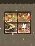  animal bow box bunny candy candy_cane christmas christmas_ornaments christmas_stocking christmas_tree closed_mouth cup danby_merong food from_outside gift gift_box heart highres no_humans original red_bow red_scarf saucer scarf signature smile snowing solid_circle_eyes star_(symbol) steam window 