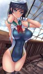  1girl black_hair blue_eyes blue_swimsuit breasts gloves groin hat highleg highres large_breasts murasa_minamitsu one-piece_swimsuit sailor_collar sailor_hat sailor_shirt shirt shounen_(hogehoge) solo swimsuit thighhighs touhou 