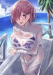  1girl ass bangs beach blue_sky blush bra bra_visible_through_clothes breasts fate/grand_order fate_(series) hair_over_one_eye highres kazami_chiu large_breasts light_purple_hair long_sleeves looking_at_viewer mash_kyrielight ocean open_mouth panties purple_bra purple_eyes purple_panties shirt sky smile underwear vietnamese_dress wet wet_clothes wet_shirt 