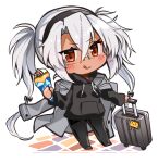  1girl alternate_costume black_hairband black_pants black_sweater brown_eyes chibi coat coat_on_shoulders crepe dark-skinned_female dark_skin food glasses grey_coat hairband hood hooded_sweater hoodie kantai_collection luggage musashi_(kancolle) pants rectangular_eyewear semi-rimless_eyewear simple_background solo standing sweater tongue tongue_out twintails white_background yunamaro 