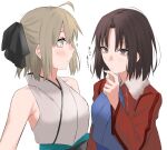  2girls ahoge bare_shoulders black_bow black_eyes black_hair blonde_hair blush bow breasts commentary cowboy_shot egomeshi fate/grand_order fate_(series) fur-trimmed_jacket fur_trim hair_bow hand_on_own_chin jacket japanese_clothes kara_no_kyoukai kimono koha-ace medium_breasts multiple_girls obi okita_souji okita_souji_(fate) okita_souji_(koha/ace) red_jacket ryougi_shiki sash short_hair sleeveless sleeveless_kimono thinking translation_request upper_body white_background yellow_eyes 