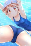  1girl :t air_bubble armpits arms_up art_jam ass bare_shoulders blue_swimsuit blush breasts brown_eyes brown_hair bubble cameltoe closed_mouth commentary_request holding_breath multiple_views one-piece_swimsuit original school_swimsuit small_breasts swimsuit translated underwater 