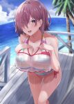  1girl bangs bare_shoulders beach bikini blue_sky breasts cleavage collarbone fate/grand_order fate_(series) hair_over_one_eye highres kazami_chiu large_breasts light_purple_hair looking_at_viewer mash_kyrielight mash_kyrielight_(swimsuit_of_perpetual_summer_ver.02) multicolored_bikini multicolored_clothes ocean purple_eyes rainbow_bikini sheer_clothes short_hair sky striped striped_bikini swimsuit thighs 