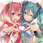  2girls :d ;) aqua_eyes aqua_hair detached_sleeves figure_story hatsune_miku headphones heart heart_hands heart_hands_duo multiple_girls nail_polish necktie one_eye_closed piapro pink_hair red_eyes shiomizu_(swat) smile twintails vocaloid 