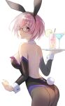  1girl animal_ears ass back bangs bare_shoulders black_leotard blush breasts brown_legwear cup detached_collar drinking_glass fake_animal_ears fate/grand_order fate_(series) glasses hair_over_one_eye highleg highleg_leotard highres large_breasts leotard light_purple_hair looking_at_viewer looking_back mash_kyrielight moguta_(moguta9) open_mouth pantyhose playboy_bunny purple_eyes rabbit_ears rabbit_tail short_hair solo tail thighs tray wrist_cuffs 