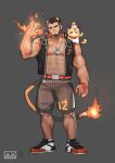  1boy abs absurdres alca animal_ears bara beard biceps black_hair black_jacket bulge chest_hair command_spell commission creature creature_on_shoulder facial_hair flaming_hand full_body grey_shorts gyee highres jacket large_pectorals leg_hair lion_boy lion_ears lion_tail looking_at_viewer male_focus mature_male muscular muscular_male navel navel_hair nipples on_shoulder open_clothes open_jacket orange_belt original pectoral_cleavage pectorals peterhl red_eyes shoes short_hair shorts sideburns sleeveless sleeveless_jacket sneakers solo stomach tail thick_eyebrows thick_thighs thighs 