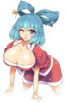  1girl ;d bangs bent_over blue_eyes blue_hair blush breasts christmas cleavage collarbone commentary_request cropped_legs eyebrows_visible_through_hair eyelashes fingernails fur_trim hair_ornament hair_rings hair_stick highres kaku_seiga large_breasts one_eye_closed open_mouth puffy_short_sleeves puffy_sleeves red_skirt red_sleeves santa_costume shiny shiny_hair shiny_skin short_hair short_sleeves skirt smile solo standing touhou umigarasu_(kitsune1963) 
