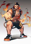  1boy abs absurdres alca animal_ears bara bare_arms bare_pectorals beard black_hair black_shorts chest_hair commission facial_hair flaming_hand full_body grin gyee highres jacket jewelry large_pectorals leg_hair lion_boy lion_ears lion_tail male_focus mature_male muscular muscular_male navel navel_hair necklace nipples open_clothes open_jacket original pectorals peterhl red_eyes short_hair shorts sideburns sleeveless sleeveless_jacket smile solo stomach tail thick_eyebrows 