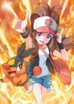  1girl :d adjusting_clothes adjusting_headwear arm_up bag baseball_cap black_eyes black_vest blue_eyes blue_shorts brown_hair cutoffs denim denim_shorts fire hand_up hat highres hilda_(pokemon) lex_suri12 long_hair open_mouth pointing poke_ball_print pokemon pokemon_(creature) pokemon_(game) pokemon_bw ponytail shirt short_shorts shorts shoulder_bag sidelocks sleeveless sleeveless_shirt smile teeth tepig upper_teeth vest white_headwear white_shirt wristband 