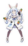  1girl :d animal_ears bad_id bad_twitter_id bare_shoulders black_gloves black_leotard blue_hair bow braid carrot_hair_ornament commentary eyebrows_visible_through_hair food-themed_hair_ornament gloves hair_between_eyes hair_bow hair_ornament hand_on_hip highres hololive leotard looking_at_viewer mary_janes pantyhose poke_ball pokemon rabbit_ears shoes smile solo thick_eyebrows twin_braids usada_pekora valefal_coneri virtual_youtuber white_background white_bow white_footwear 