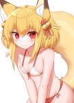  1girl animal_ear_fluff animal_ears bangs bare_shoulders bell bikini blonde_hair blush breasts cleavage closed_mouth collarbone commentary commission eyebrows_visible_through_hair fang fang_out flower fox_ears fox_girl fox_tail front-tie_bikini front-tie_top hair_bell hair_flower hair_ornament happy highres horokusa_(korai) jingle_bell looking_at_viewer medium_hair original red_bikini red_eyes red_flower ribbon-trimmed_swimsuit ribbon_trim shiny shiny_hair side-tie_bikini sidelocks skeb_commission small_breasts smile solo swimsuit tail tail_raised v_arms 