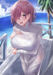  1girl ass bangs beach blue_sky blush breasts fate/grand_order fate_(series) hair_over_one_eye highres kazami_chiu large_breasts light_purple_hair long_sleeves looking_at_viewer mash_kyrielight multiple_views ocean open_mouth purple_eyes shirt sky smile vietnamese_dress 