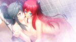  2girls bangs bathroom blue_eyes breast_press breasts cleavage closed_mouth collarbone completely_nude eye_contact eyebrows_visible_through_hair eyelashes game_cg gijou_mitsumi grey_eyes grey_hair hair_between_eyes hair_intakes headgear indoors kibanohara_ethica large_breasts leaning_forward long_hair looking_at_another multiple_girls nipples nude official_art oosaki_shin&#039;ya red_hair shiny shiny_hair showering smile tokyo_necro very_long_hair yuri 