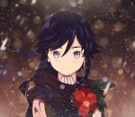  1boy androgynous bangs black_hair blue_eyes blush braid closed_mouth collared_shirt commentary_request flower genshin_impact highres leaf ledin1 looking_at_viewer male_focus nameless_bard_(genshin_impact) red_flower shirt short_hair_with_long_locks side_braids sidelocks smile snow snowing solo twin_braids twitter_username white_shirt 