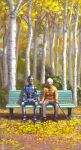  1boy absurdres autumn_leaves bench brick_road bush cane closed_eyes head_down highres holding holding_cane holding_hands interlocked_fingers kosian looking_down male_focus old old_man original pants robot science_fiction shoes signature sitting_on_bench sweater tree white_hair yellow_leaves 