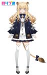  1girl animal_ears bell blonde_hair blue_bow blue_dress bow dress highres kanda_done lion_ears lion_girl lion_tail neck_bell noripro regrush_lionheart simple_background socks tail tail_bow tail_ornament thighhighs virtual_youtuber white_background zettai_ryouiki 