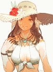  1girl absurdres arm_at_side armlet au_ra avatar_(ffxiv) bare_shoulders bikini bikini_top bracelet breasts brown_eyes brown_hair cleavage dappled_sunlight final_fantasy final_fantasy_xiv flower front-tie_bikini front-tie_top halterneck hand_on_own_shoulder hand_up hat hat_flower hat_ribbon hibiscus highres jewelry kuroimori long_hair looking_at_viewer medium_hair necklace pendant red_flower ribbon ribbon_trim rope shade simple_background small_breasts smile solo straw_hat sun_hat sunlight swimsuit white_background white_flower 