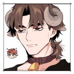  2boys animal_ears bangs bell black_shirt blush brown_eyes brown_hair chibi chibi_inset chinese_zodiac cow_boy cow_ears cow_horns emiya_shirou face fate/stay_night fate_(series) half-closed_eyes horns kemonomimi_mode kotomine_kirei male_focus medium_hair multiple_boys neck_bell parted_bangs shirt thick_eyebrows yap_(dhgrail) year_of_the_ox 
