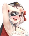  1girl armpits blush bow breasts cleavage drix fang highres hololive hood hood_up nose_blush one_eye_covered open_mouth plaid plaid_bow red_eyes sakamata_chloe signature silver_hair simple_background skin_fang solo sweat virtual_youtuber white_background 
