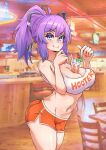  1girl alcohol bare_shoulders bebatch between_breasts blue_eyes breasts cleavage clothes_writing crop_top drink drinking_straw eyebrows_visible_through_hair highres hooters ice indoors large_breasts looking_at_viewer melody_(projektmelody) multicolored_hair navel no_legwear object_on_breast orange_shorts ponytail projektmelody purple_hair shirt short_shorts shorts smile streaked_hair virtual_youtuber vshojo white_shirt 