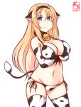  1girl alternate_costume animal_ears animal_print artist_logo bell bikini blonde_hair blue_eyes breasts cleavage collarbone cow_ears cow_horns cow_print cow_tail cowbell crossed_arms dated eyebrows_visible_through_hair fake_horns horns kanon_(kurogane_knights) kantai_collection large_breasts looking_at_viewer neck_bell nelson_(kancolle) one-hour_drawing_challenge print_bikini print_legwear simple_background smile solo swimsuit tail thighhighs white_background 
