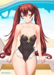  1girl adapted_costume alternate_costume bangs black_ribbon black_swimsuit breasts closed_mouth collarbone commentary english_commentary etchimune fire_emblem fire_emblem_awakening fire_emblem_fates hair_between_eyes hair_ribbon long_hair medium_breasts pool red_eyes red_hair ribbon selena_(fire_emblem_fates) severa_(fire_emblem) sitting solo strapless strapless_swimsuit swimsuit thighs twintails very_long_hair 
