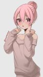  1girl artist_name blush bow brown_sweater commentary dated_commentary grey_background hair_bow hands_up long_sleeves looking_at_viewer off-shoulder_sweater off_shoulder original parted_lips pink_eyes pink_hair simple_background skeptycally sleeves_past_wrists solo sweater upper_body 
