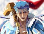  1boy angry blue_hair blush capelet cu_chulainn_(caster)_(fate) cu_chulainn_(fate) earrings fangs fate/grand_order fate_(series) floating_hair fur-trimmed_hood fur_trim holding holding_staff hood hood_down hooded_capelet jewelry lacu_lain long_hair looking_at_viewer male_focus open_mouth red_eyes slit_pupils solo spiked_hair staff wooden_staff 